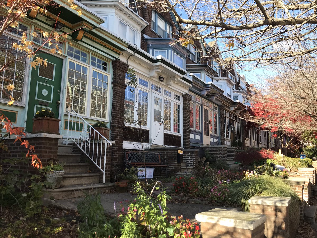 Across the street is a beautiful line of rowhomes, built in West Philadelphia’s decorative style. All are set back and set above 45th Street, with great sunrooms and small front gardens.