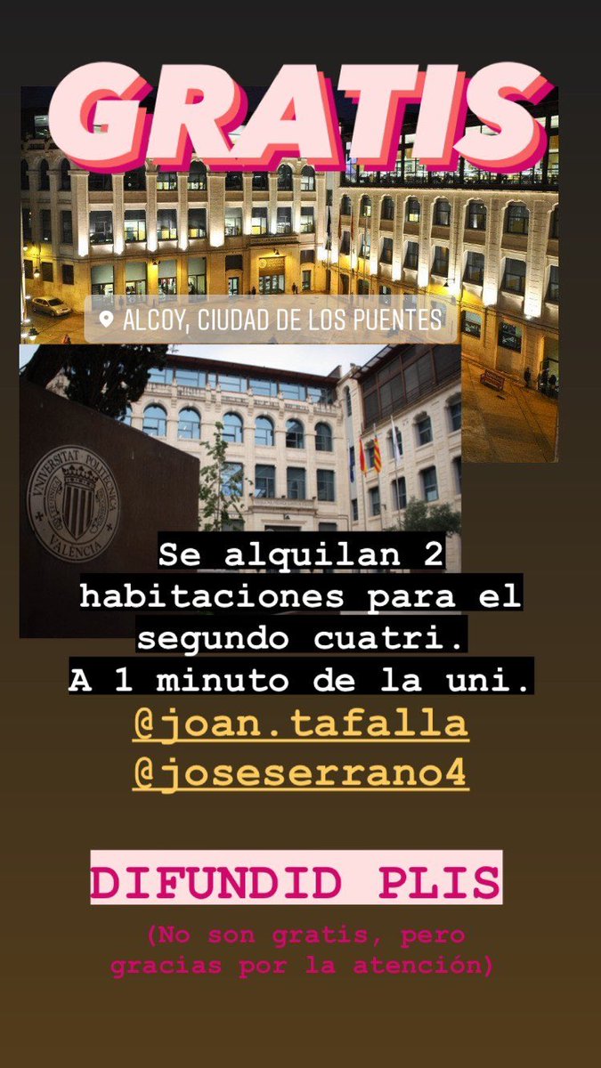Se alquilan 2 habitaciones para el segundo cuatri en Alcoi

Piso con mucha luz cerquita de la uni

Le puedes dar rt si quieres✌🏽😗