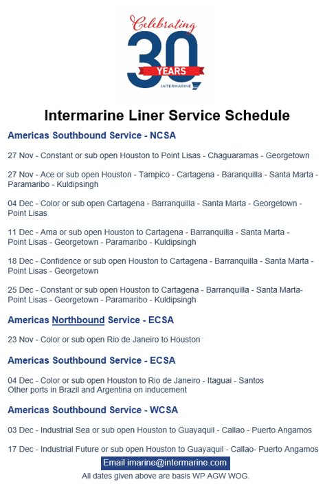 Intermarine_'s tweet photo. Intermarine - Liner Service Schedule - Week 48. For more info, please email imarine@intermarine.com #Intermarine #shipIntermarine #linerservices #shipping #breakbulk #heavylift #maritime #logistics https://t.co/SllnKGj1WF