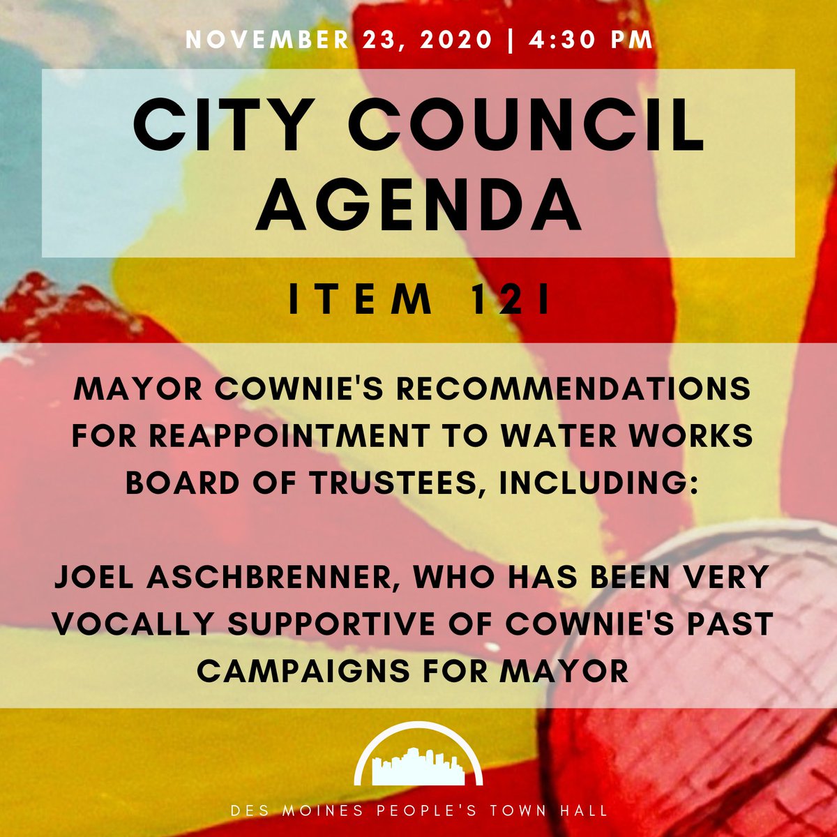 First up, Consent Agenda, and a softball. Mayor Cownie is recommending reappointment of a fan of his to the Water Works Board of Trustees for the 2020-2027 Term