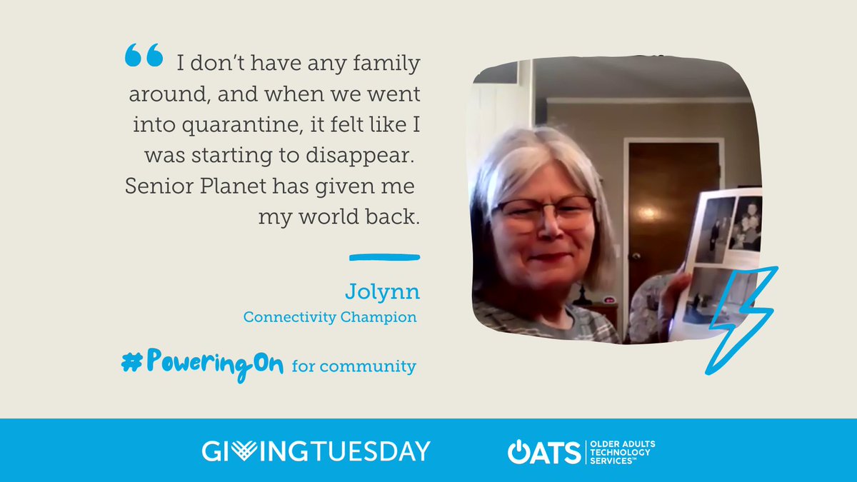 OlderAdultsTech's tweet photo. Seniors like Jolynn are connecting with family and friends during the holidays. Thanks to @seniorplanet online classes, older adults are learning new technologies and #PoweringOn through obstacles.
Learn how you can make a difference: https://t.co/DszAjxp7DG https://t.co/FHWJTDKvnS