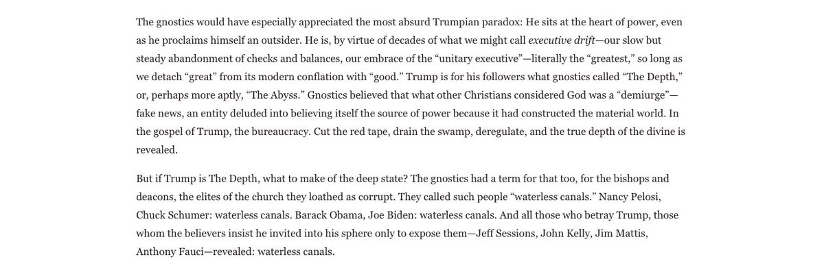 Sharlet doesn't insinuate that Trump *is* such a divine bundle, merely that supporters see him as such as a way of squaring his hypocrisy. But I bit my lip here, where Sharlet wonders if "Gnostics" would've seen Trump that way too: (7/23)