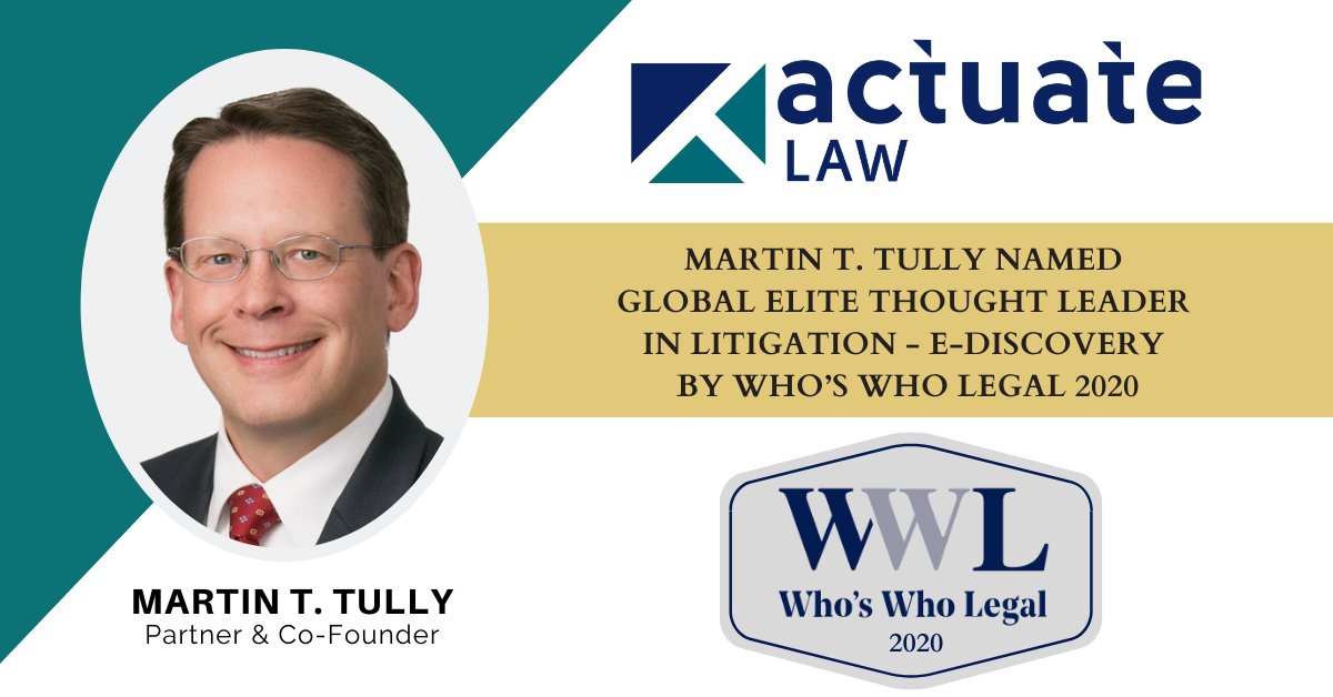 Congratulations to our own <a href="/MartinTully/">Martin Tully</a> - recently named as a Global Elite Thought Leader in Litigation - E-Discovery by <a href="/whoswholegal/">Who's Who Legal</a>. Martin has been blazing trails in #ediscovery for many years. And he's keeping great company with this impressive list: bit.ly/3kVJOxb