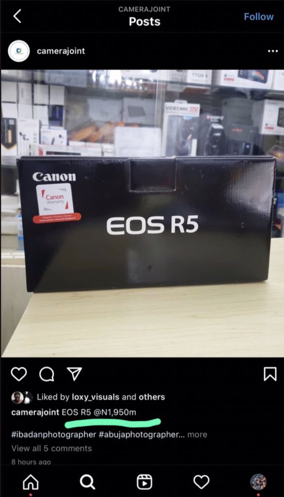 This Canon R5 is not N1,950 o see the M behind it. Please retweet this thread and lecture a soul.