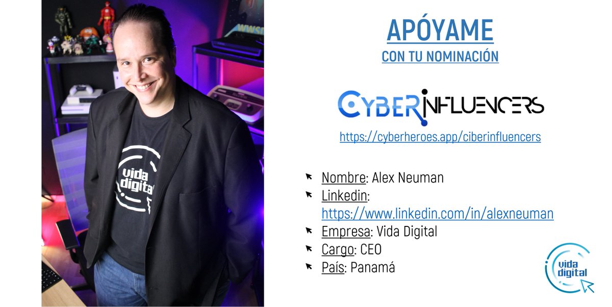 VidaDigital's tweet photo. Me apoyarías en mi nominación? Te invito a que me propongas como nominado en el siguiente enlace: https://t.co/gSf65IzBqm
Los siguientes datos son requeridos:
Nombre:   Alex Neuman
Linkedin:   https://t.co/Q4Pqj0KgBQ
Empresa: Vida Digital
Cargo:  CEO
País: Panamá
¡Gracias! https://t.co/HuCffYqIRC