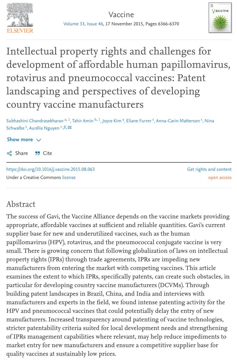 Having studied vaccine manufacturing capabilities in the global south on behalf of  @GAVI, contrary to earlier research and beliefs, what we found was IP issues, including patents, can be a barrier to preventing cheaper vaccines in the market place.  https://bit.ly/3fpKdab 