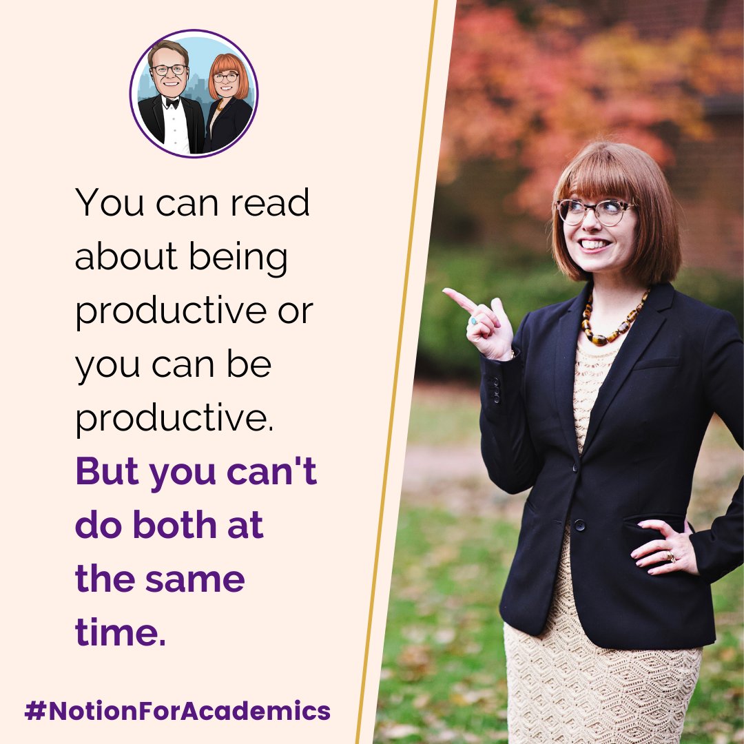 monicarysavy's tweet photo. Note to Self (and anyone else who needs it!):
You can read about being #productive or you can be productive. But you can't do both at the same time.
#NotionForAcademics #highered #academictwitter #phdchat #edtech #teachers https://t.co/0S240e2GN3
