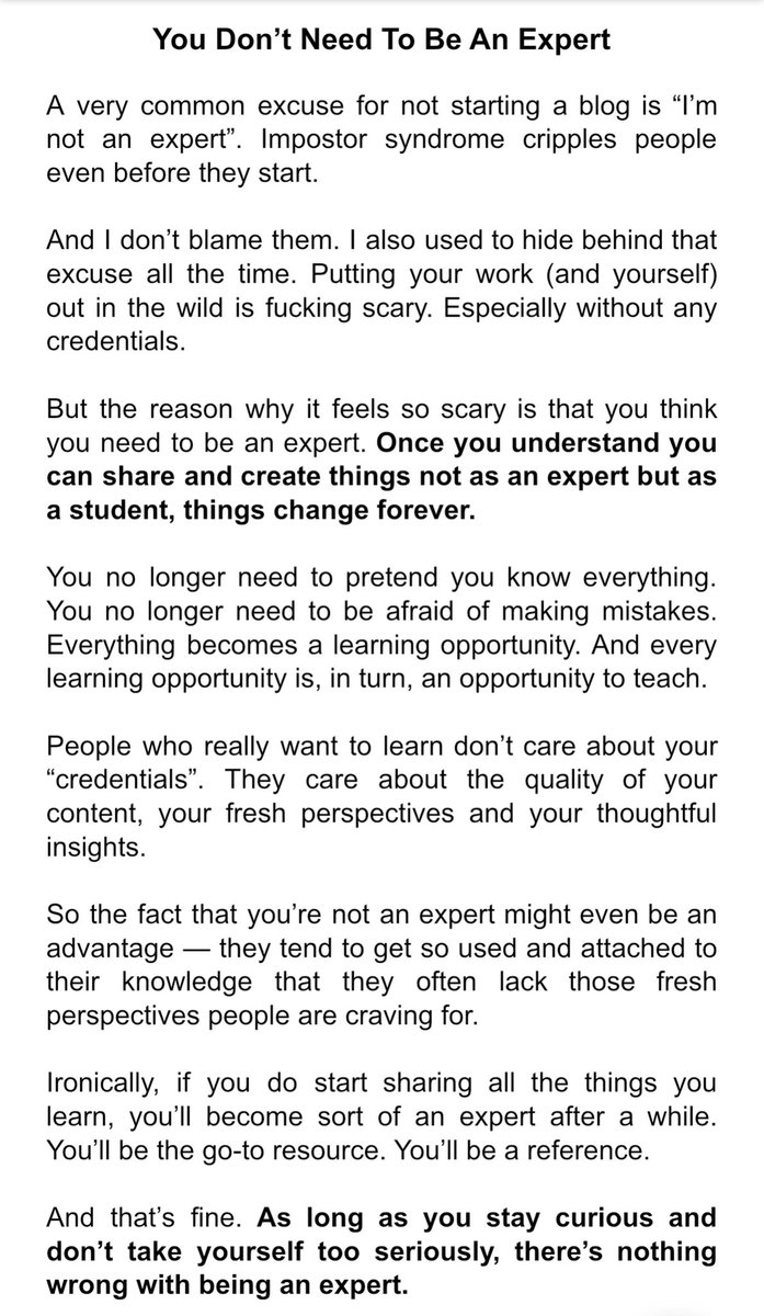 Ever since I read  @swyx’s essay "Learn In Public" back in August I've been meaning to write something about the mindset shift you need to transition from lurker to public learner. I finally did it today. This one is called "You Don't Need To Be An Expert".(8/30)