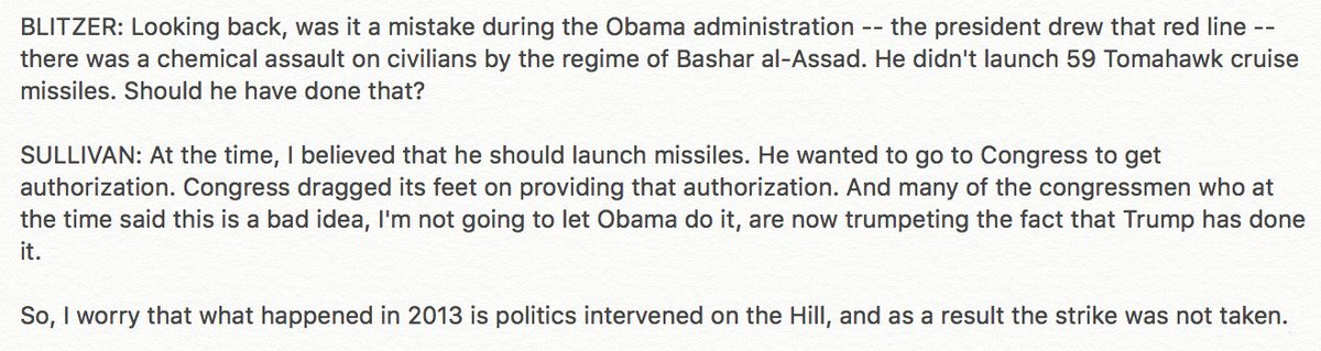 Also, in the same CNN appearance, Sullivan said he believed Obama should've attacked Syria like Trump had done. He also criticized Congress for "dragging" their feet on authorization for strikes in Syria.