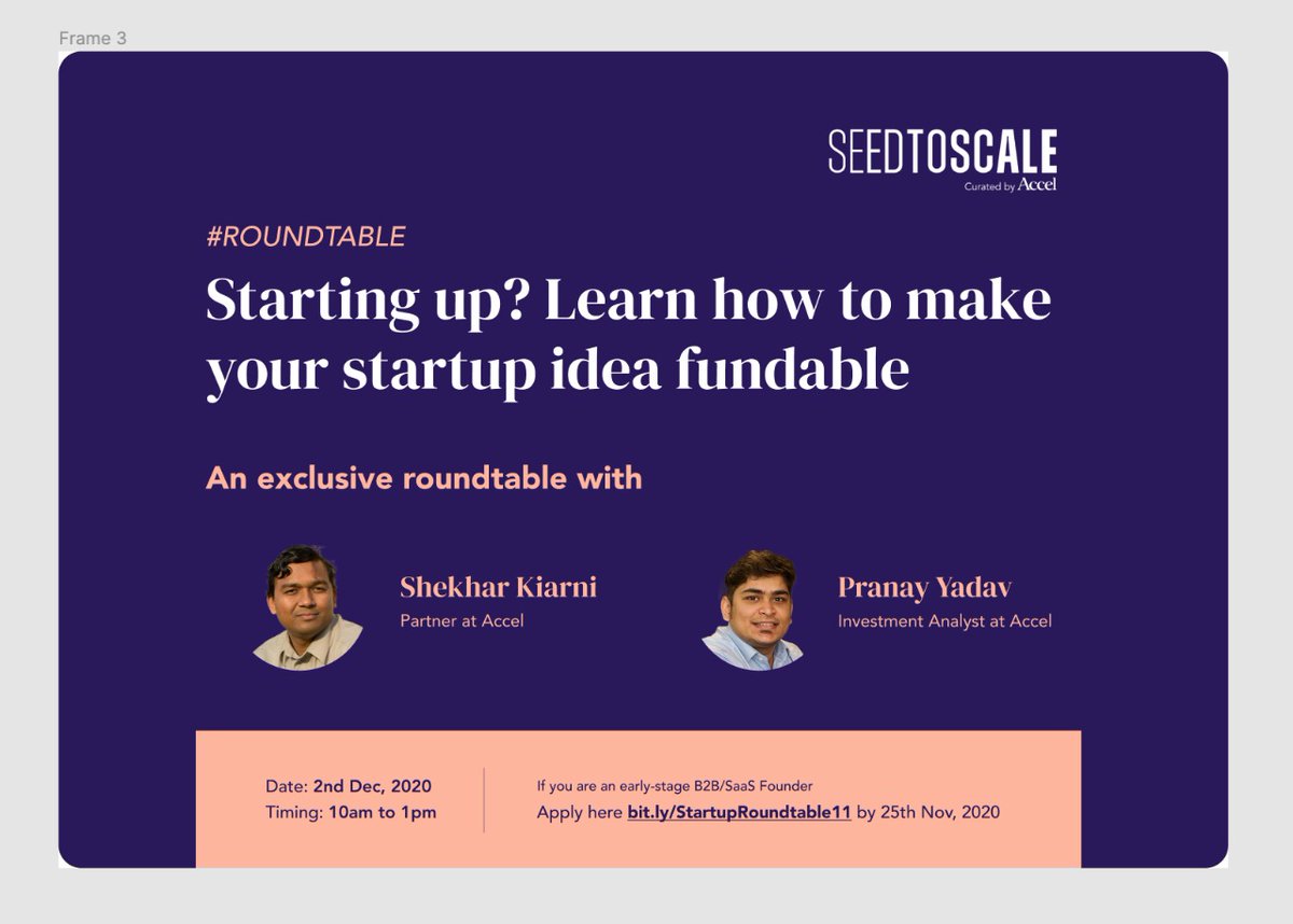 AccelIndia's tweet image. Happy to announce our 12th #StartupRoundtable on 2nd Dec by @skirani - an exclusive event for ~12 passionate seed-stage #SaaS founders.

If you are a founder or happen to know one who has a deep understanding of the problem they are solving?
Apply here: bit.ly/StartupRoundta…