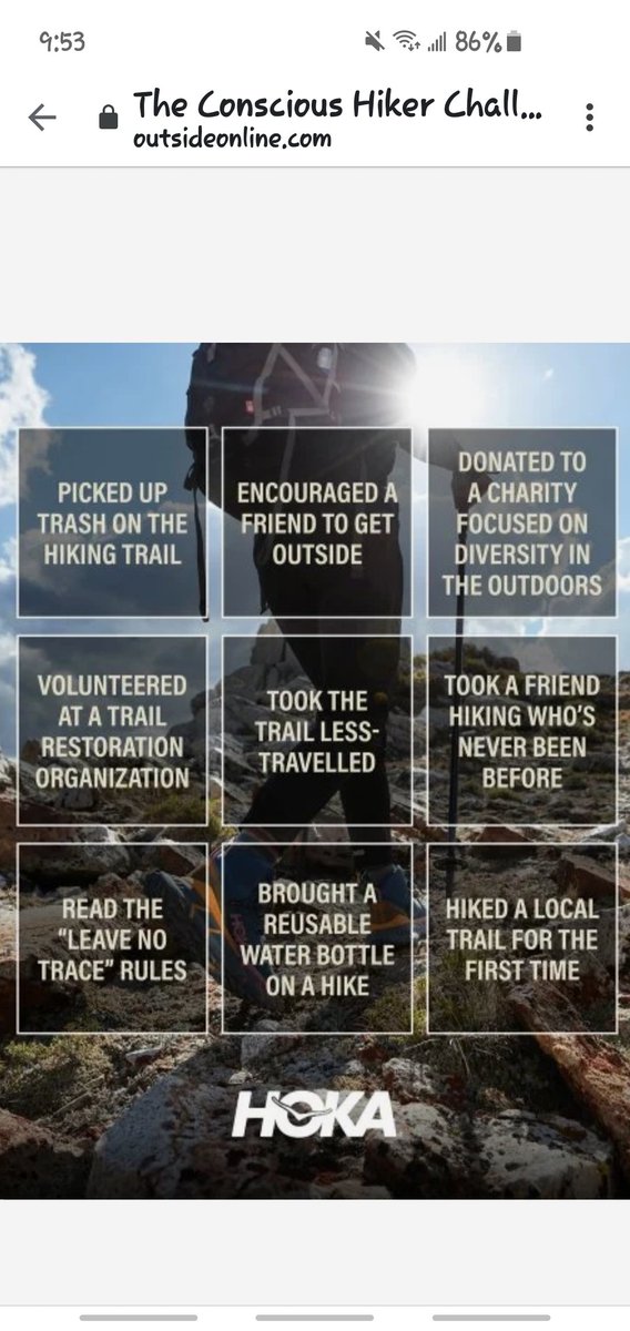 rfowleraz's tweet image. BINGO!
Took a friend to hike
Encouraged friend to hike to boost mood
Used reusable water bottle on 8 hikes
Picked up granola bar wrappers on Trail
Read the rules
Hiked 4 new Trails
Off trail to see Petroglyph, Left busy trail to walk a wash
#conscioushikerchallenge