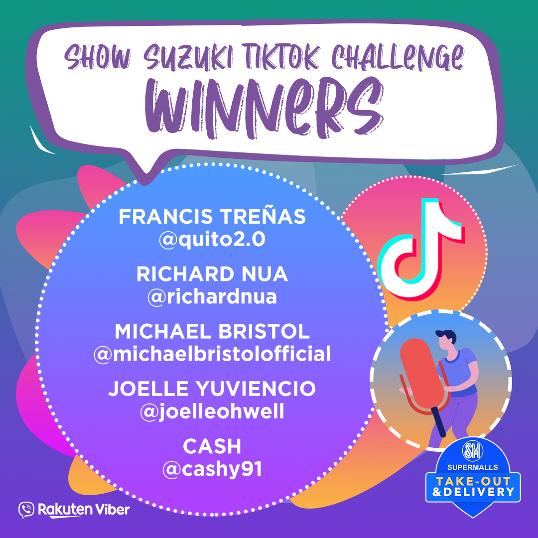 smsupermalls's tweet photo. Congratulations to our Show Suzuki x SM Viber Community Tiktok Challenge winners! 🎉🎉🎉
Thank you to everyone who joined! ✨You were all very impressive. 🥳Don’t miss out on the fun! Join us now: https://t.co/a1waIevbR8
#SMTakeOutAndDelivery
#JoinUsAtSM
#SMatViber https://t.co/69zrXMbN31