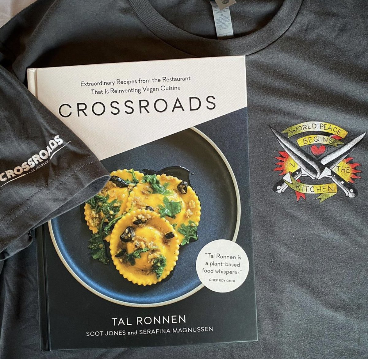 New charcoal gray Crossroads T-shirts (World peace begins in the kitchen) bundled with our cookbook now available for the holidays. Call the front desk at (323) 782-9245 to order yours for just $40 (includes book and shirt) #supportsmallbusiness #saveourrestaurants