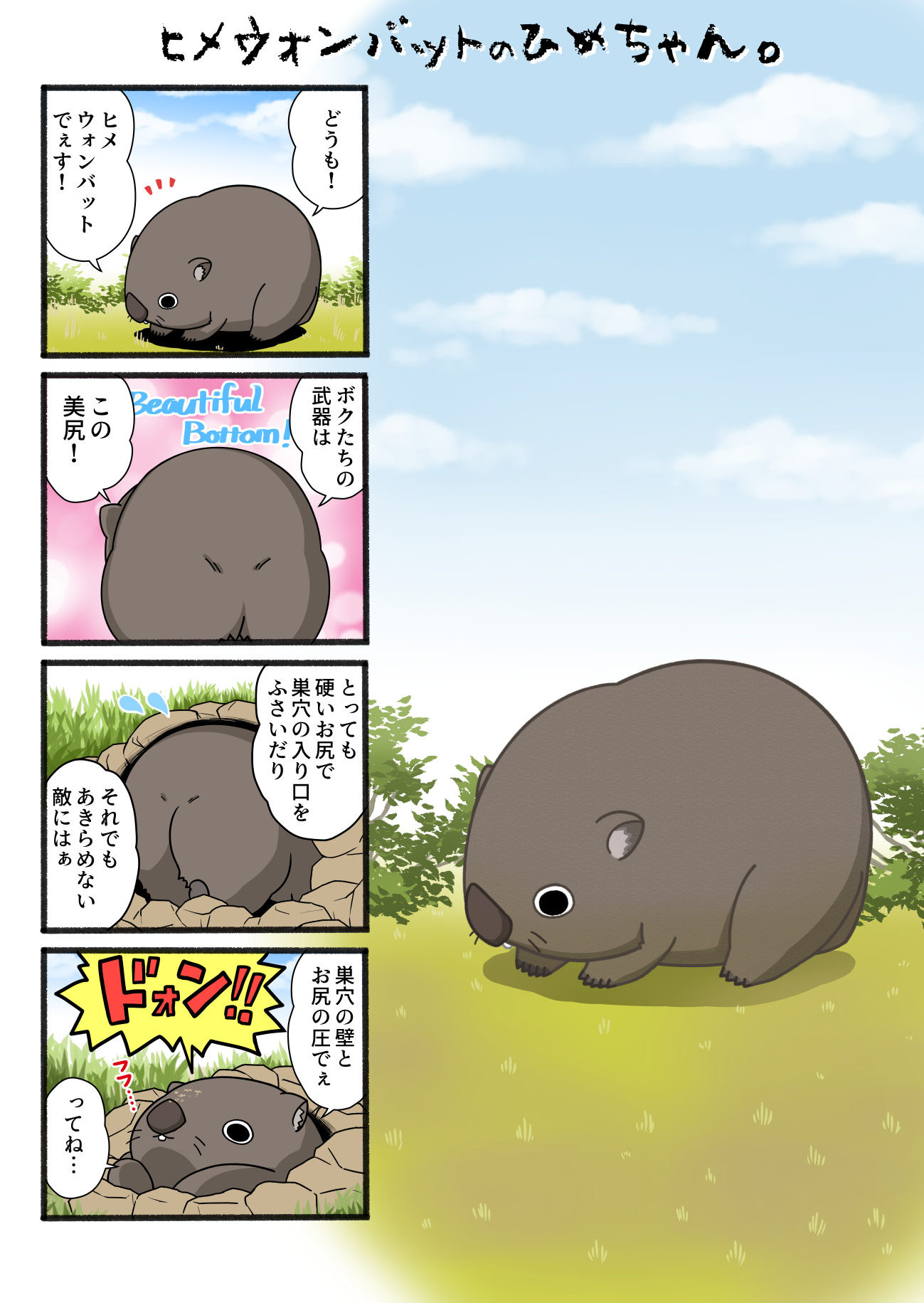 Twitter 上的 北郷 豊 動物キャラ企画第三弾 ヒメウォンバットちゃんです コモンウォンバットともいいます むっくらしているのがかわいい 動物 ウォンバット ヒメウォンバット コモンウォンバット 動物漫画 ヒメウォンバットのひめちゃん ちゃいち