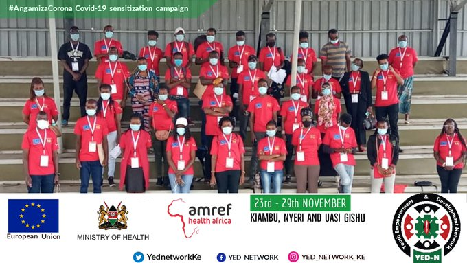 Amref_Kenya's tweet photo. With support from @EUinKenya, we continue to sensitise communities at county and community levels across Kenya on the #COVID19 containment measures. We applaud 👏👏👏 @YEDNetworkKe for taking up the initiative. #AngamizaCorona @MOH_Kenya https://t.co/lQ8OHyHLyW