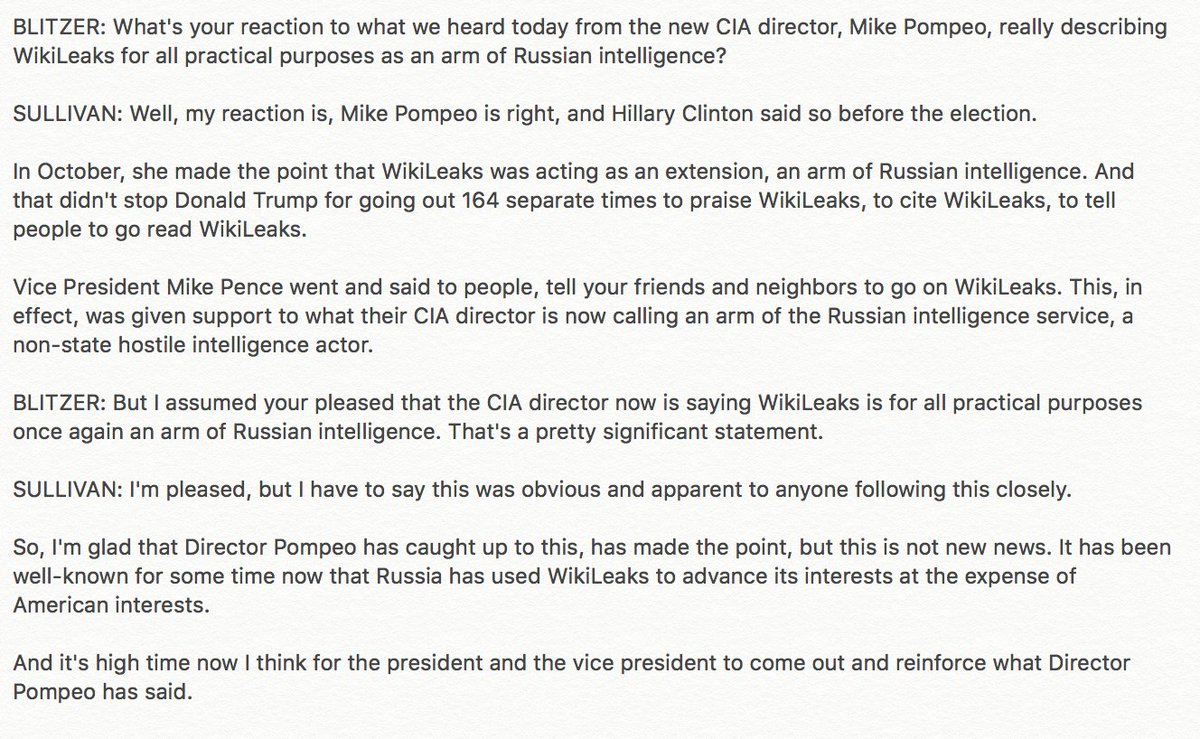 Also from this CNN appearance in 2017—Sullivan backed then-CIA director Mike Pompeo's evidence-free claim that WikiLeaks is a “non-state hostile intelligence service often abetted by state actors like Russia.” And urged Trump to "reinforce" what Pompeo said.