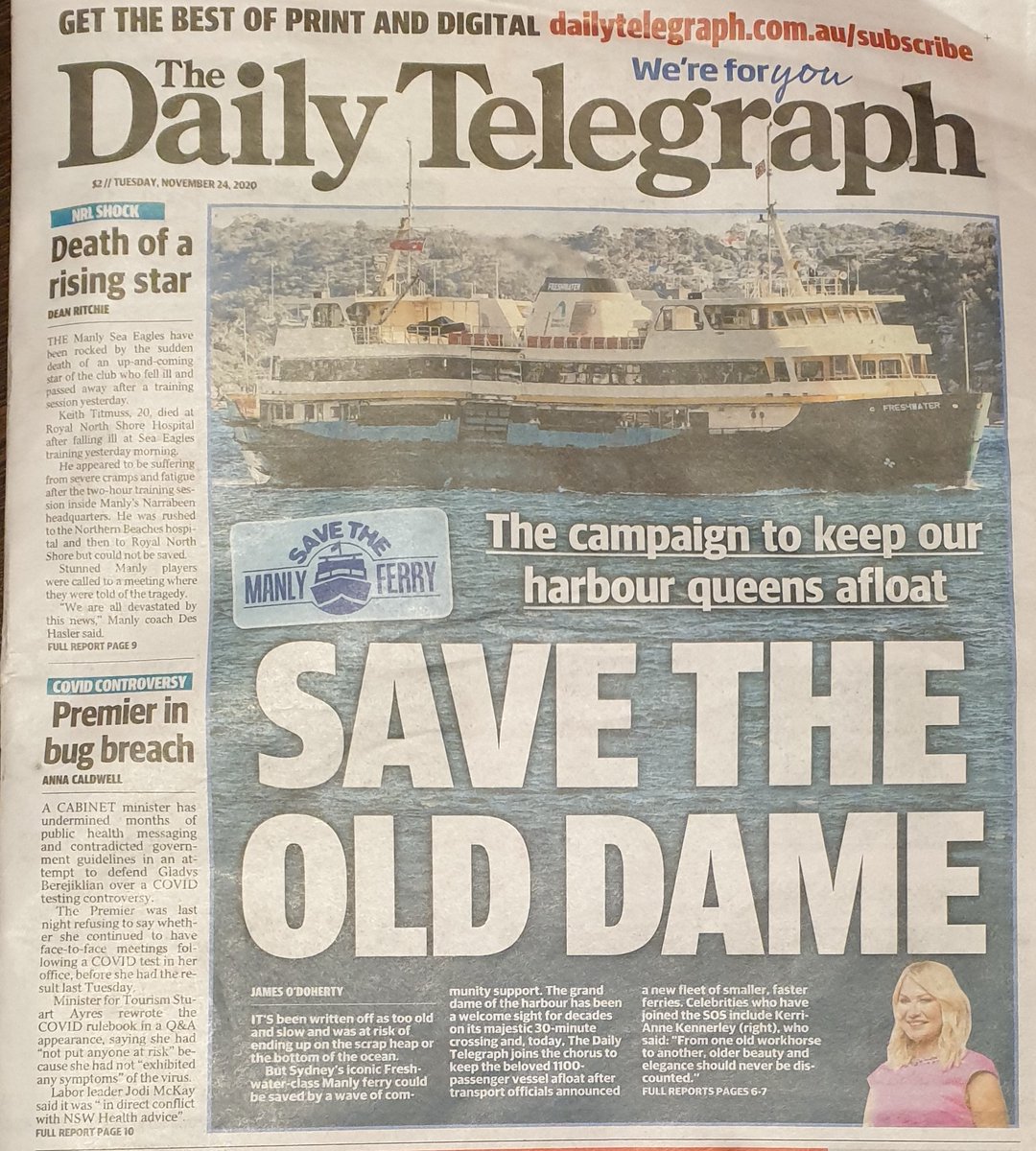 Great to see <a href="/dailytelegraph/">The Daily Telegraph</a> campaigning to save our beautiful Freshwater-class Manly Ferries - these are an essential part of our city's fabric and life - good work by <a href="/bennyglish/">Ben English</a> to take this one on - also love the "from one workhorse to another" quote by Kerri-Anne Kennerley!