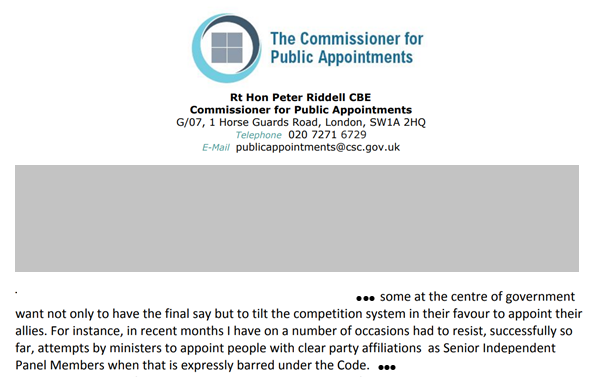 The Commissioner’s concerns included ‘that some at the centre of government want not only to have the final say but to tilt the competition system in favour of their allies’ (below, edited). He also noted the growth in unregulated appointments.