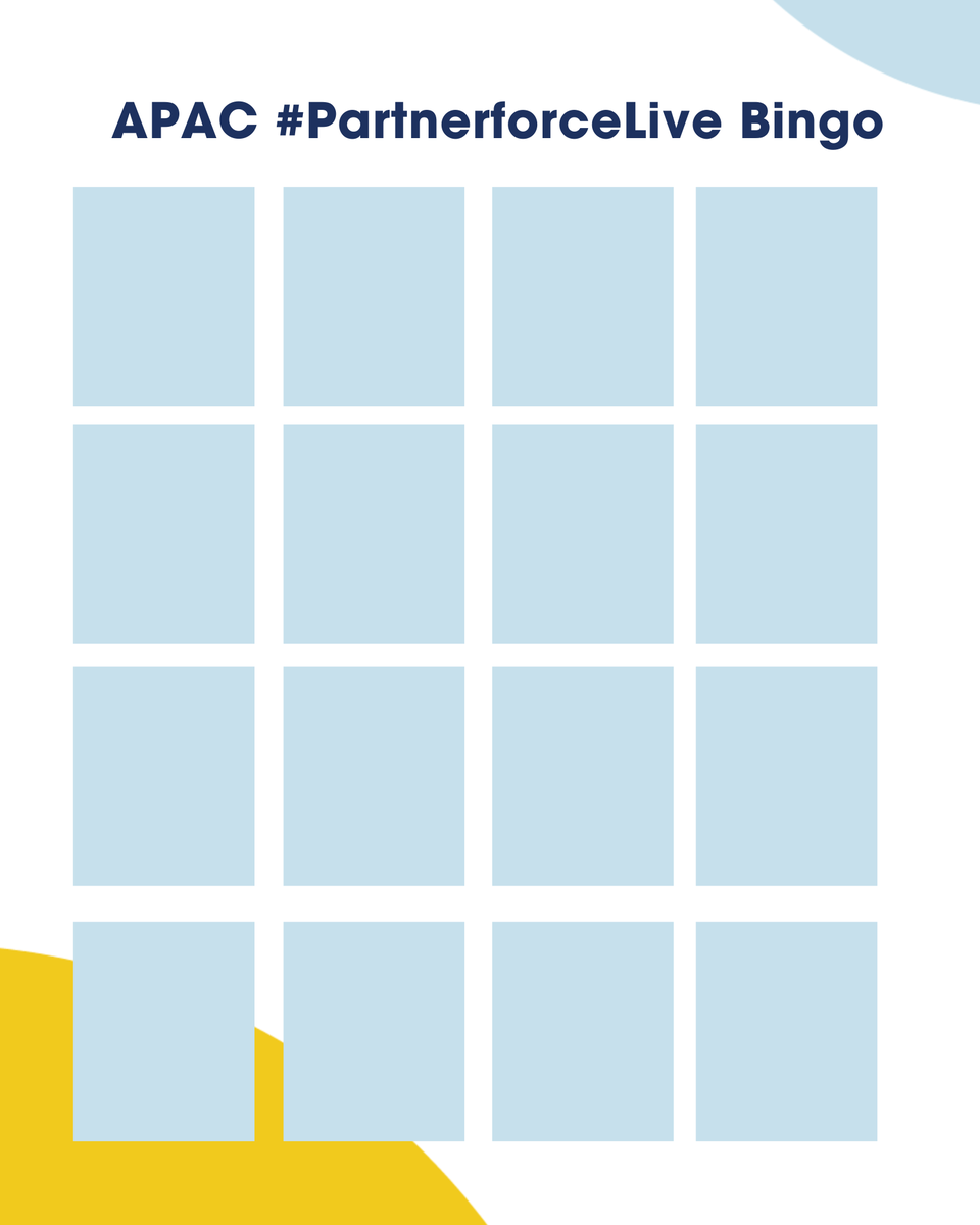 partnerforce's tweet photo. APAC #PartnerforceLive Bingo! 

1. Fill out this bingo card
2. Watch APAC #PartnerforceLive here: https://t.co/jt2fS9RYWm
3. Send us back a screenshot of your bingo card 

Good Luck! ✨ https://t.co/tL3Us9yGAV