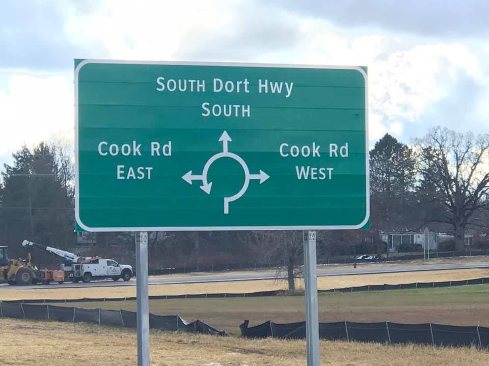 GBTPOLICE's tweet photo. The new Dort Highway extension is now open to all traffic. This includes the on and off ramps at I-75 and Cook Road. Please use caution when traveling this area for the first time. We now have, not one, not two, but THREE roundabouts to navigate! #RoundAndRoundAndRound https://t.co/7ByXJDxd7M