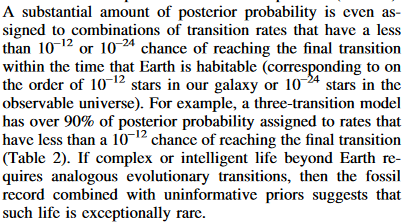 The main take-home message is that one can rule out fairly high probabilities for the transitions, while super-hard steps are compatible with observations. We get good odds on us being alone in the observable universe.