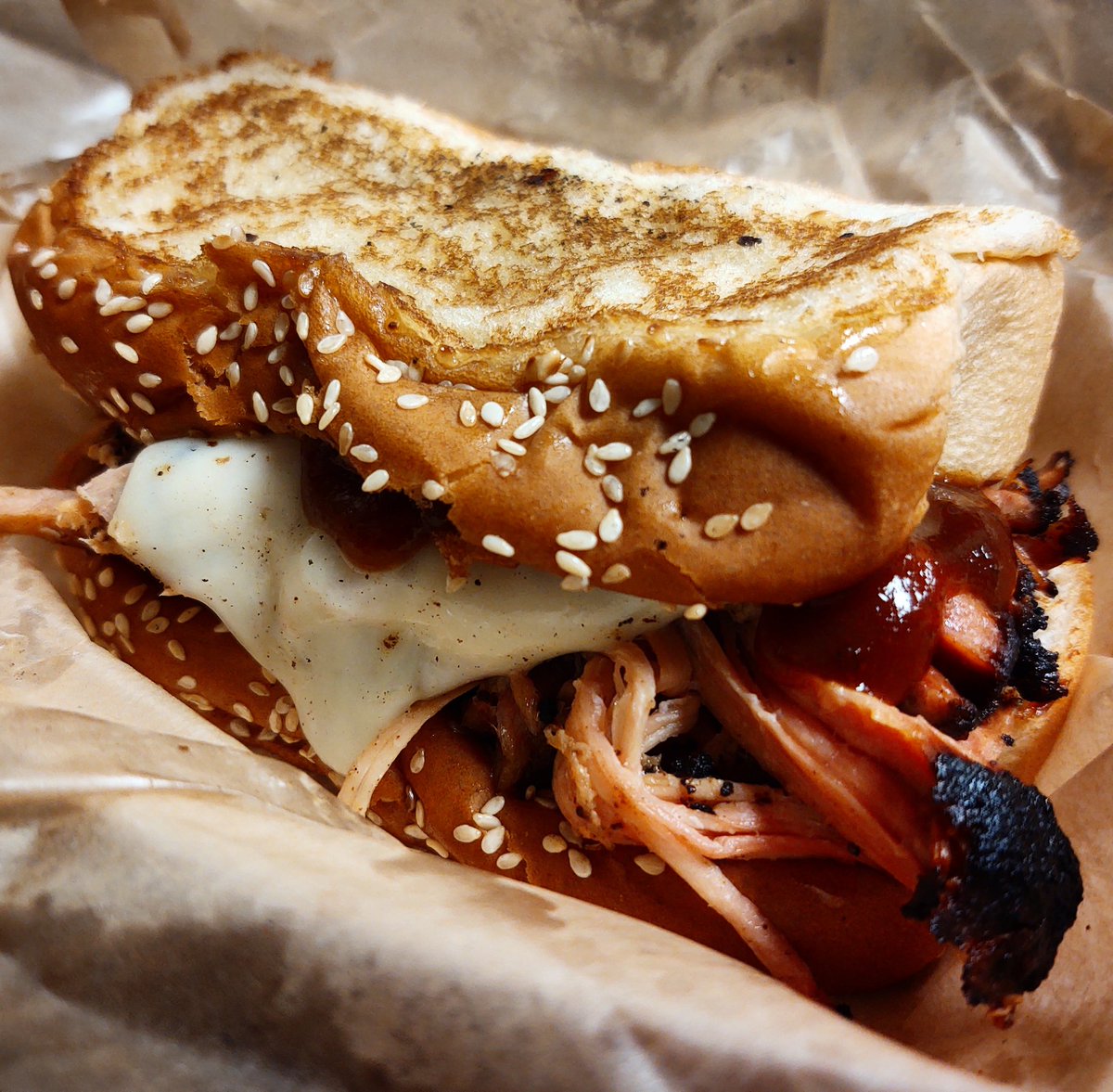 FatGuyFitWife's tweet photo. On the menu tonight:
For her is a combined mixed level pole class.
For me was a #pulledpork #sandwich on two pieces of #texastoast with #provolone and brush fire sauce from .@CityBarbeque. It was awesome to say the least. #fatguyfitwife #polefitness #citybbq https://t.co/MArabckIvS