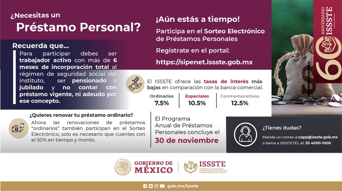 ISSSTE_mx's tweet photo. El Programa Anual de #PréstamosPersonales concluye el 30 de noviembre, si necesitas alguno, regístrate en 🔗 https://t.co/i4FhD2s0AF y participa.
¡Aún estás a tiempo!
Mira más información:
#60AniversarioISSSTE https://t.co/DwFgmrOGlz