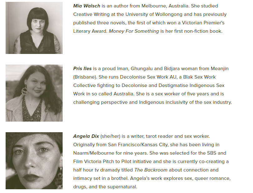 SIN_SouthAus's tweet photo. Wollongong Writers Festival event: 

PORNO-GRAPHOS: THE WRITING OF WHORES
SUNDAY 29 NOV 1PM AEST (online)

Gala Vanting joins Mia Walsch, Pris Iles, Angela Dix and Fatima Mawas to explore the life writing of whores.

Info + tickets available here: 

https://t.co/Aq0ZXE2C2f https://t.co/L6aBczqp7b