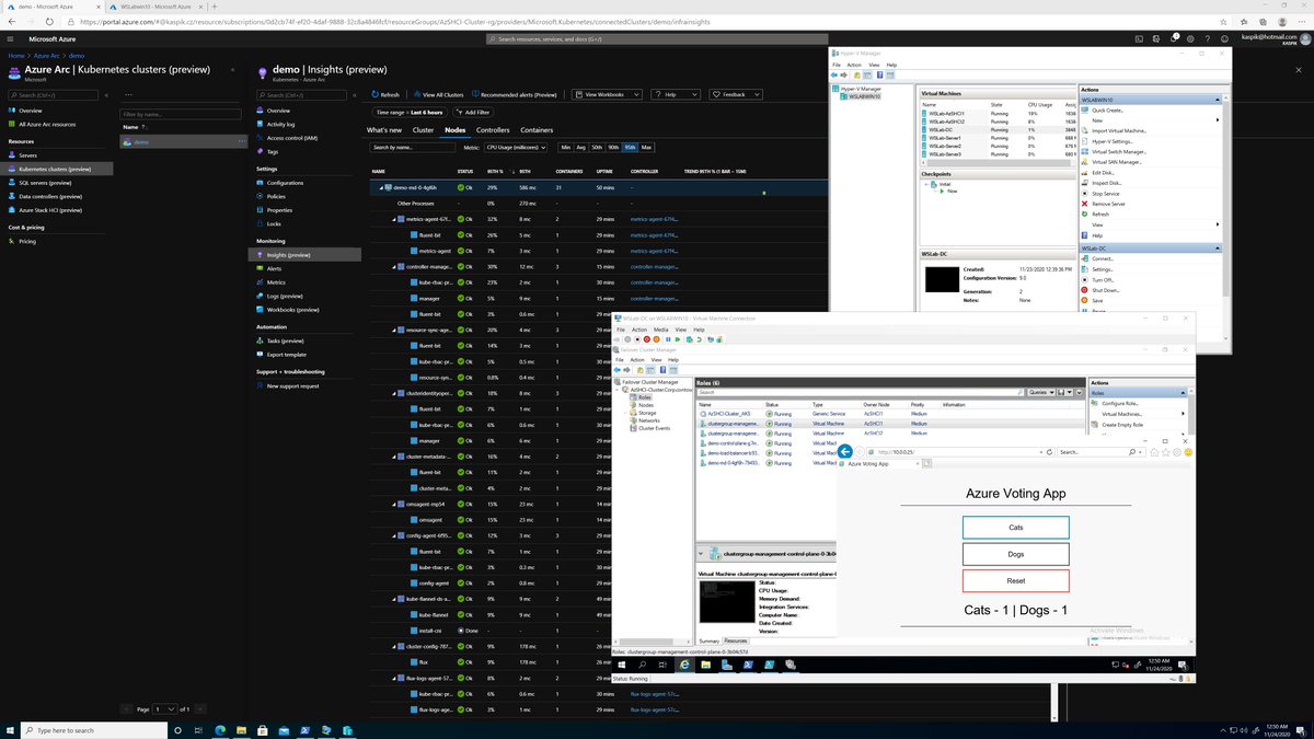 jaromirkaspar's tweet image. Well, what do you think about this? #AzSHCI cluster running in Azure VM. And inside cluster runs AKS with cluster &quot;Demo&quot;. Inside Demo cluster is running Azure Voting App. Cluster is then registered in Azure Arc. All with #WSLab.