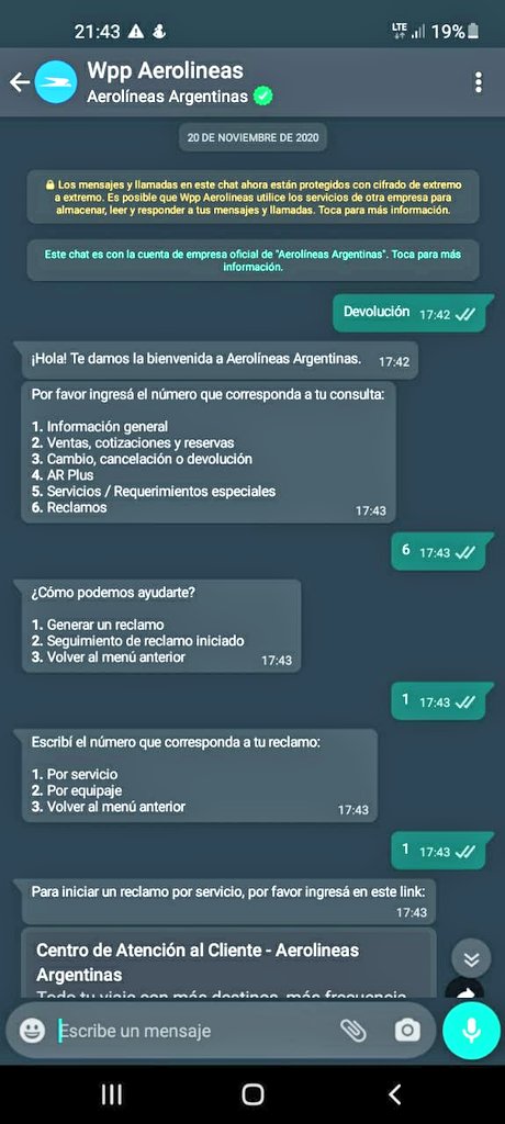 davidgsalta's tweet photo. @Aerolineas_AR compro tkt sla_eze_sla. Queremos cambiar retorno, Call Center indica hacerlo vía WhatsApp. El/la que operaba WhatsApp no contesto jamas...ahora CC dice q se perdió vuelo y hay q comprar nuevo tkt...@dzapatillas @quiz_viajero nadie vela por los consumidores ? https://t.co/Bluy0hNHGA