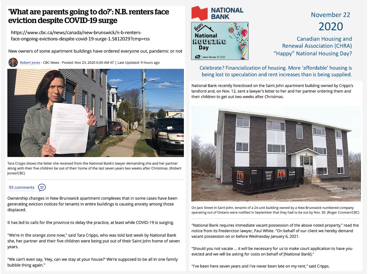  #NationalHousingDay 2020Chronicle 6/10Celebrate?Allowing rapid housing  #Financializationmeans loss of more affordable rentals than the modest but expensive $1B Rapid Housing Initiative will provide&  #evictions continue w  #COVID19  @nationalbank https://www.cbc.ca/news/canada/new-brunswick/n-b-renters-face-ongoing-evictions-despite-covid-19-surge-1.5812029?cmp=rss
