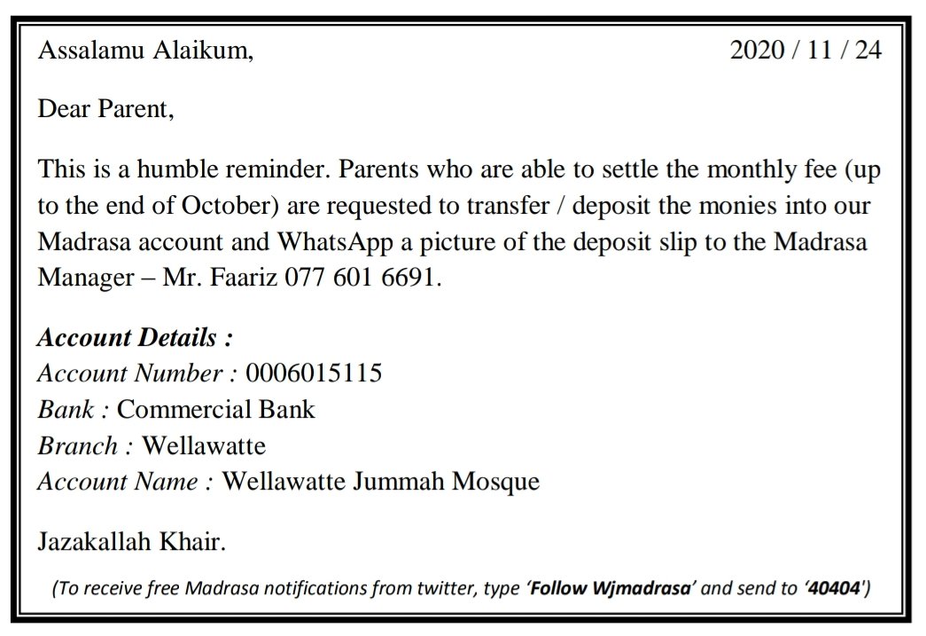WJMadrasa's tweet photo. Assalamu Alaikum. Click the link to view an important notice regarding the Madrasa Fees. Jzk https://t.co/lOV3N5VEiC