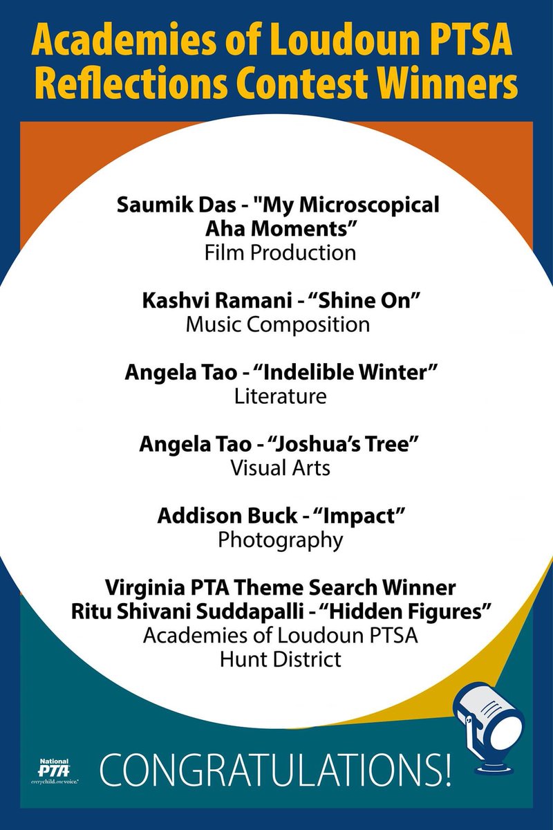 ACLPTSA's tweet photo. Congratulations to the following Academies of Loudoun students for winning the PTSA Reflections Contest!
We had 36 entries in our 2nd year of the program
Wishing the best to our students at the State and National levels! #ptareflections #aclraptorsrule #aclinnovates https://t.co/yZRmoDJUJf