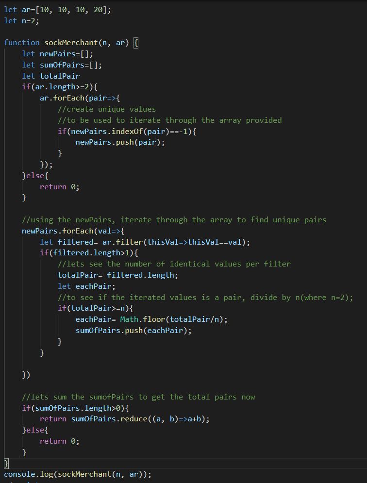 dbpoka's tweet photo. My version of the sock pair challenge by @hackerrank ! if anyone knows a better way, please share.
#javascript #challenge #sockpairchallenge https://t.co/Brf4xqLqCv