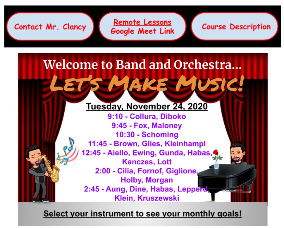 Remote Lesson Schedule - Tuesday, November 24, 2020
Use the Remote Lessons Google Meet Link in Canvas