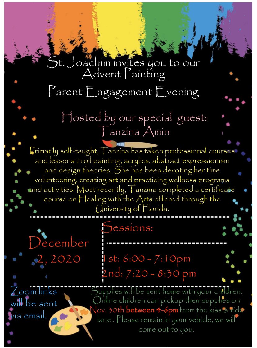 StJoachimDPCDSB's tweet photo. CSC IS HOSTING A VIRTUAL FAMILY PAINT NIGHT ON DECEMBER 2nd.  PAINT KITS GO HOME NEXT WEEK! Check today’s school messenger for more details.🎄🎨 #joachimforjoy https://t.co/oMsKvszcFL