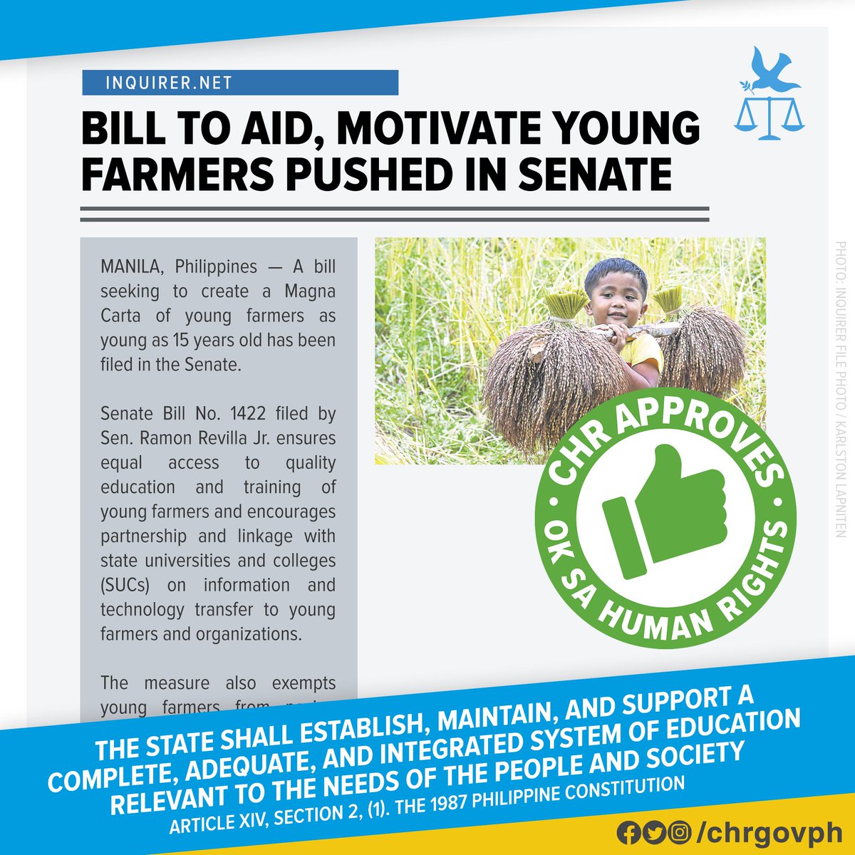 chrgovph's tweet photo. A bill seeking to create a Magna Carta of young farmers as young as 15 years old has been filed in the Senate.

Read: https://t.co/KEpXO3KjUY

#ObligasyonAtKarapatan https://t.co/ZJ5CnrZcRh