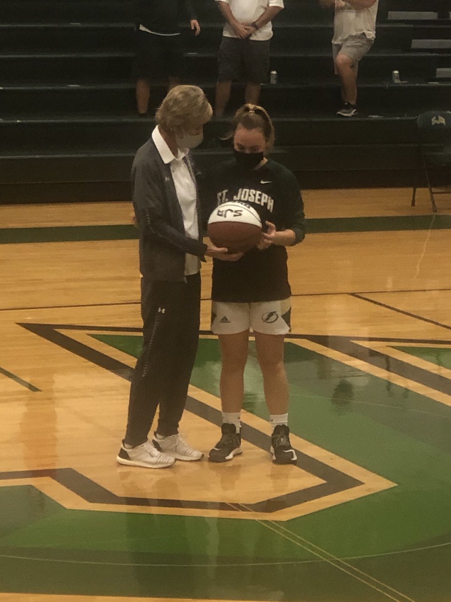 girls_sja's tweet photo. SJA Senior Guard Jessamy Gaetanos receiving her 1000 points ball before Creekside game in which SJA won 47-36 Gabby Williams lead the team with 14 point, Jessamy had 11 points and 10 assists , Kelly Cramer finished with 9 points and 10 rebounds @CFreemanJAX https://t.co/EXhfhEyNWm
