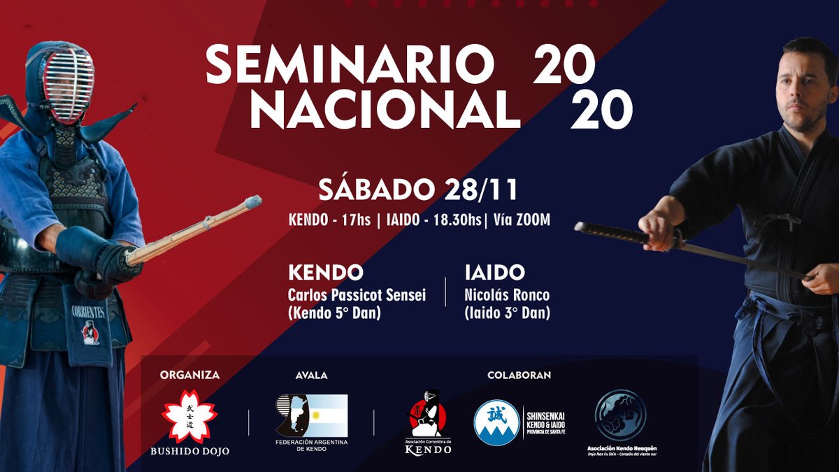 KendoArgentina's tweet photo. #BushidoDojo y @kendoargentina invitan al Seminario Nacional de #Kendo & #Iaido, dictado por Carlos Passicot Sensei (Kendo 5° Dan) y Nicolás Ronco (Iaido 3° Dan), a realizarse el sábado 28/11/20.
📝 Inscribite en https://t.co/l05gkElQld https://t.co/LqpidY93JX