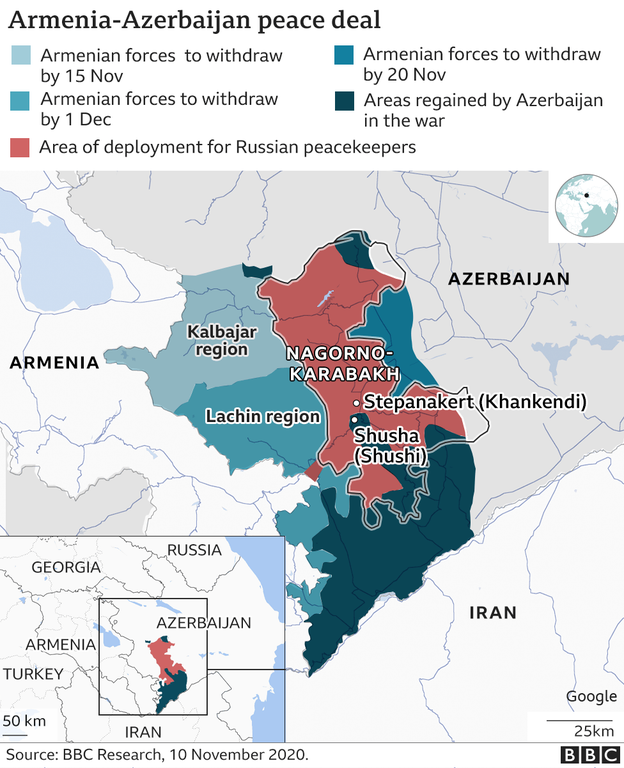 3) A more detailed map, illustrating regions that Armenia is vacating to Azerbaijan.The main Azeri advance came in from the south; the Kalbajar and Lachin regions were still controlled by Armenia but vacated as part of the peace deal.