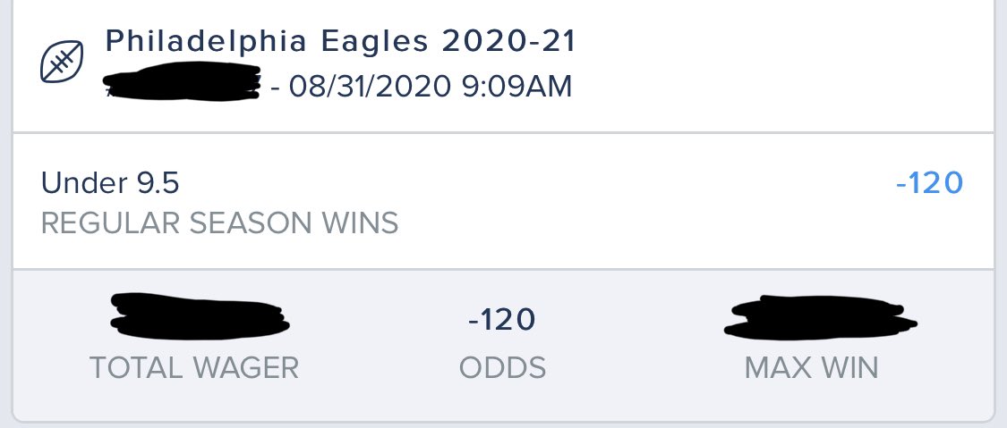 vinnygoombots's tweet photo. Yesterday, I cashed my 1st season win total play. Sorry 🦅 🤷‍♂️ it’s just business. 1 down 3 to go! 

#FlyEaglesFly #wintotal #GamblingTwitter #underthunder #nothingpersonal #vinnyfutures https://t.co/rxDkfQZhyF