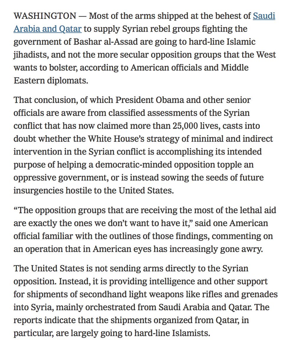 In October 2012, the New York Times reported the US supported Saudi Arabia and Qatar as they sent rifles and grenades to Syrian "opposition groups." They largely went to "hard-line Islamic jihadists." Blinken likely knew this fact yet he still championed arming the "rebels."