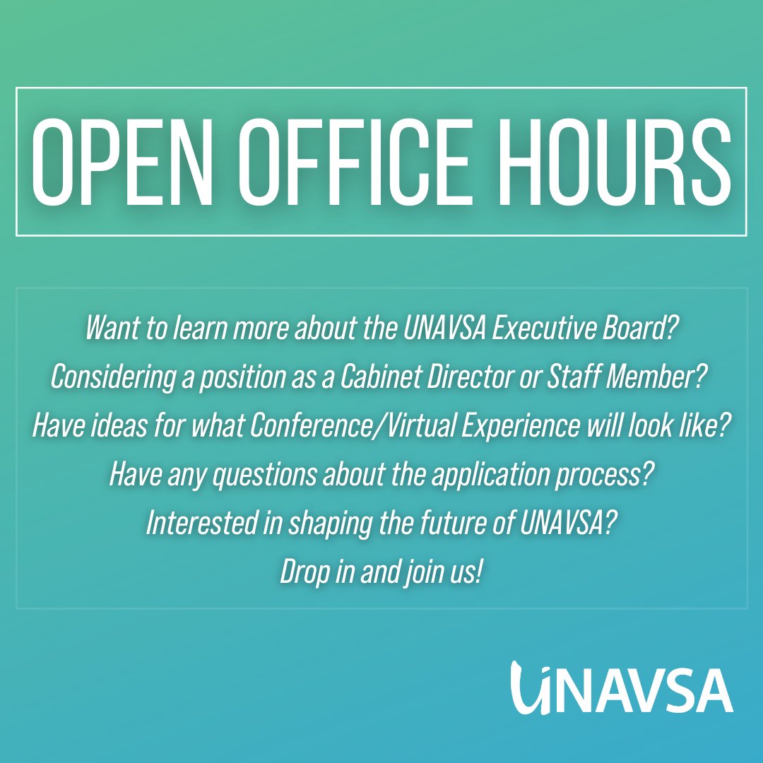 Tomorrow, Tuesday, November 24, 2020 from 12pm to 3pm PST, the UNAVSA Executive Board will be holding an open office hours session on Zoom! Bit.ly/OHUNAVSA