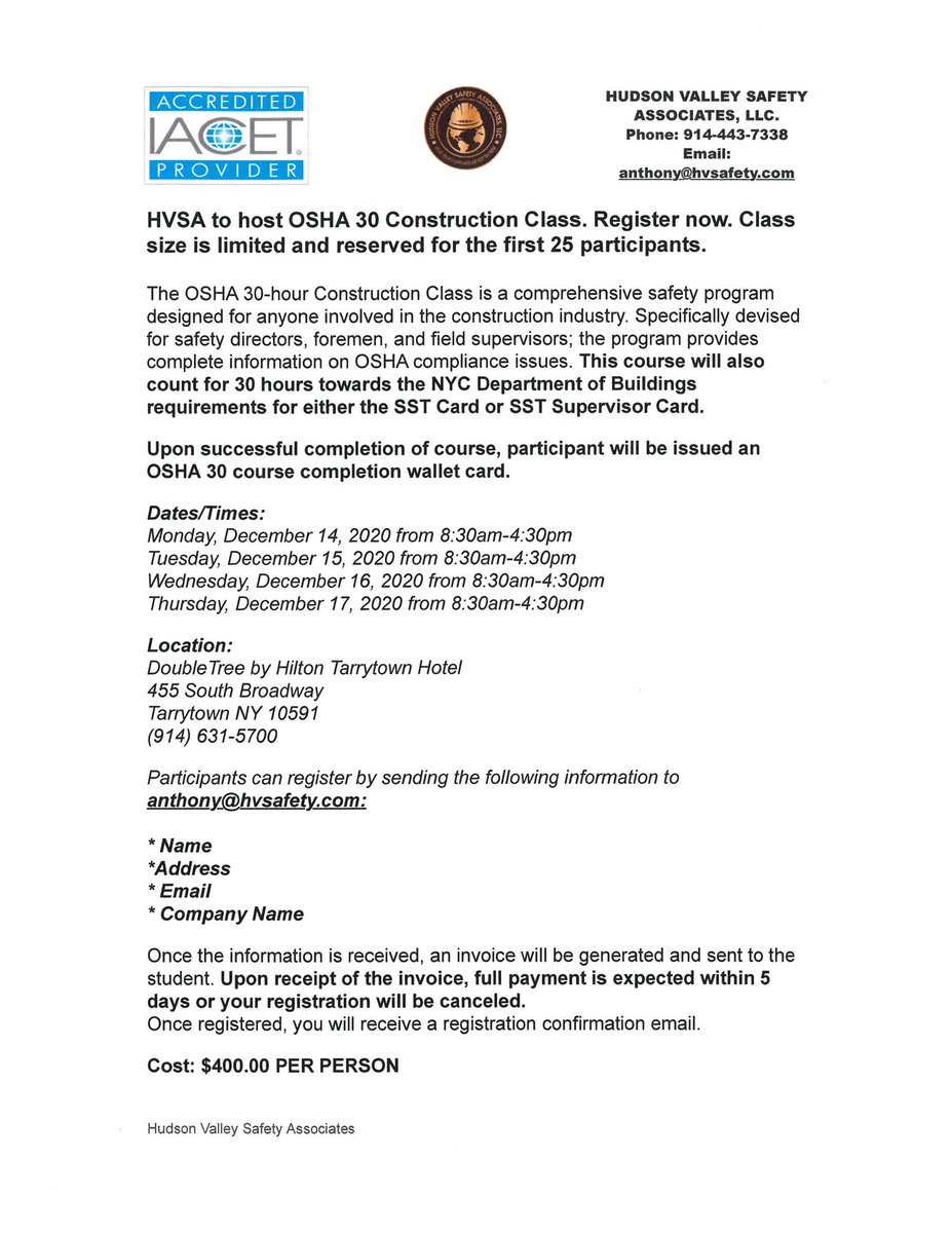 SafetyHudson's tweet photo. HVSA to host OSHA 30 Construction Class. This course will count for 30 hours towards either SST Card or SST Supervisor card from @NYCDOB. Sign up today. #safety #SafeIsTheNewCool https://t.co/6B2kajCq9E