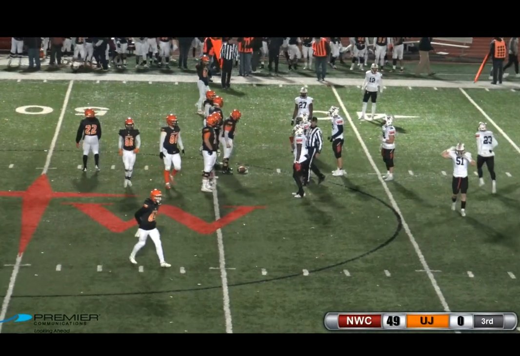 DSUCONE's tweet photo. Did you know @JimmieFootball  was "playing" tonight? Last time @BlueHawkFB  played there we won a playoff game! 
So far @JaMalcolm_X  ints at NWC:4
Jamestown points at NWC: 0
Enjoy the quick trip home! #hawksareup https://t.co/YqdKYzL2bq