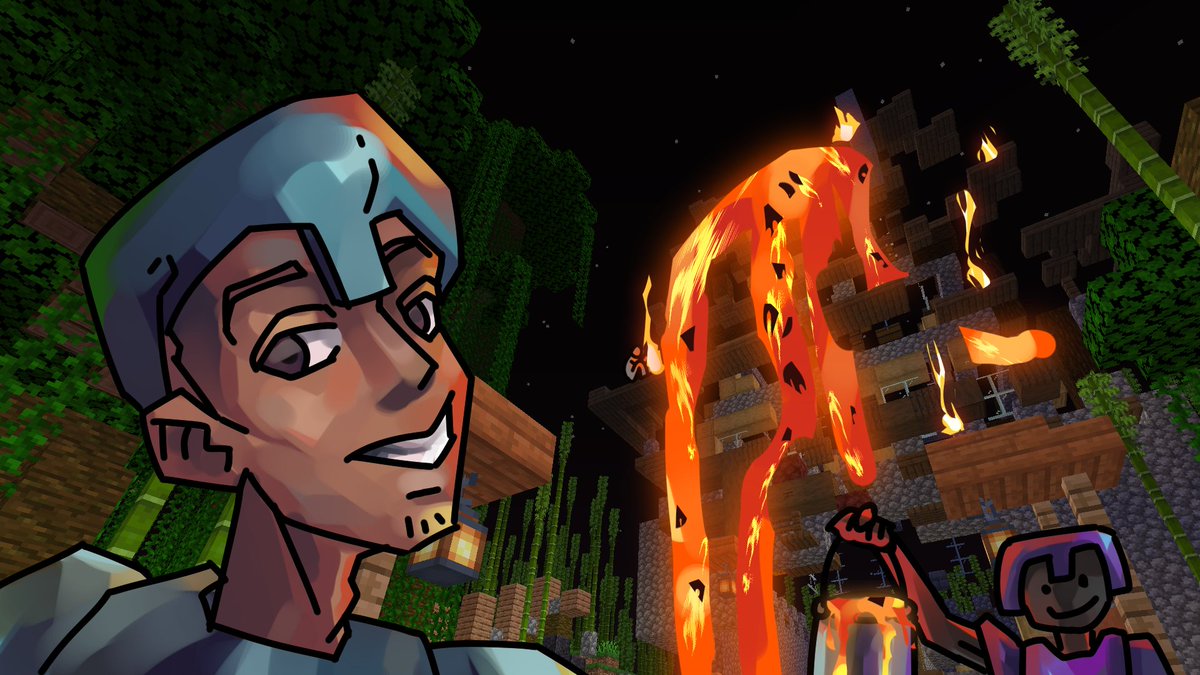 naty_noob's tweet photo. Steve (large eyes) stares soulessley into the camera as @H7yydenn and @supermatiasman burn an abandoned base https://t.co/Te9zSAjBcs