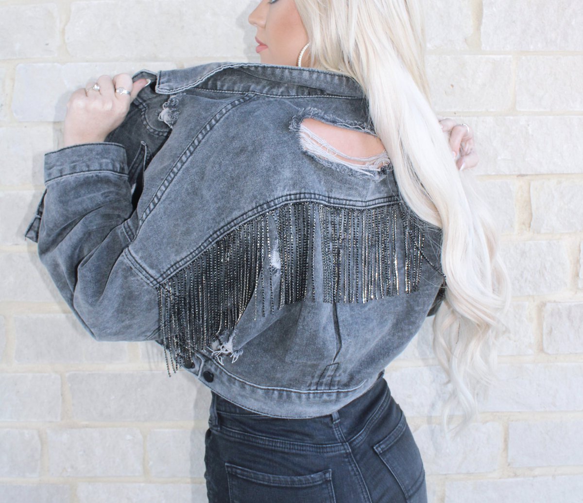 Obsessing over this black cropped denim jacket with diamond fringe⚡️$58.99 live on the website now!!