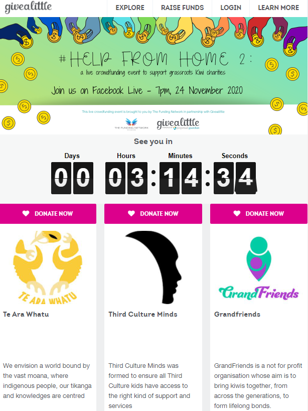 givealittle's tweet photo. 💚Happening TONIGHT at 7pm! #HelpFromHome2 is the live streamed "Dragon's Den"- style virtual fundraising event where you can watch as three wonderful NZ Charities (Te Ara Whatu, Third Culture Minds, and Grandfriends NZ) will be "pitching" live- to you! https://t.co/nkRP16S0Nu