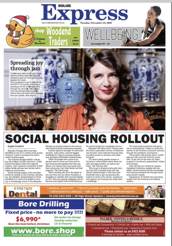 gemmasherry's tweet image. Front page of today’s newspaper in 🇦🇺. Thank you @MidlandExpress1 for the great write up. #letsgetserious #gemmasherry #jazzalbum #jazznews