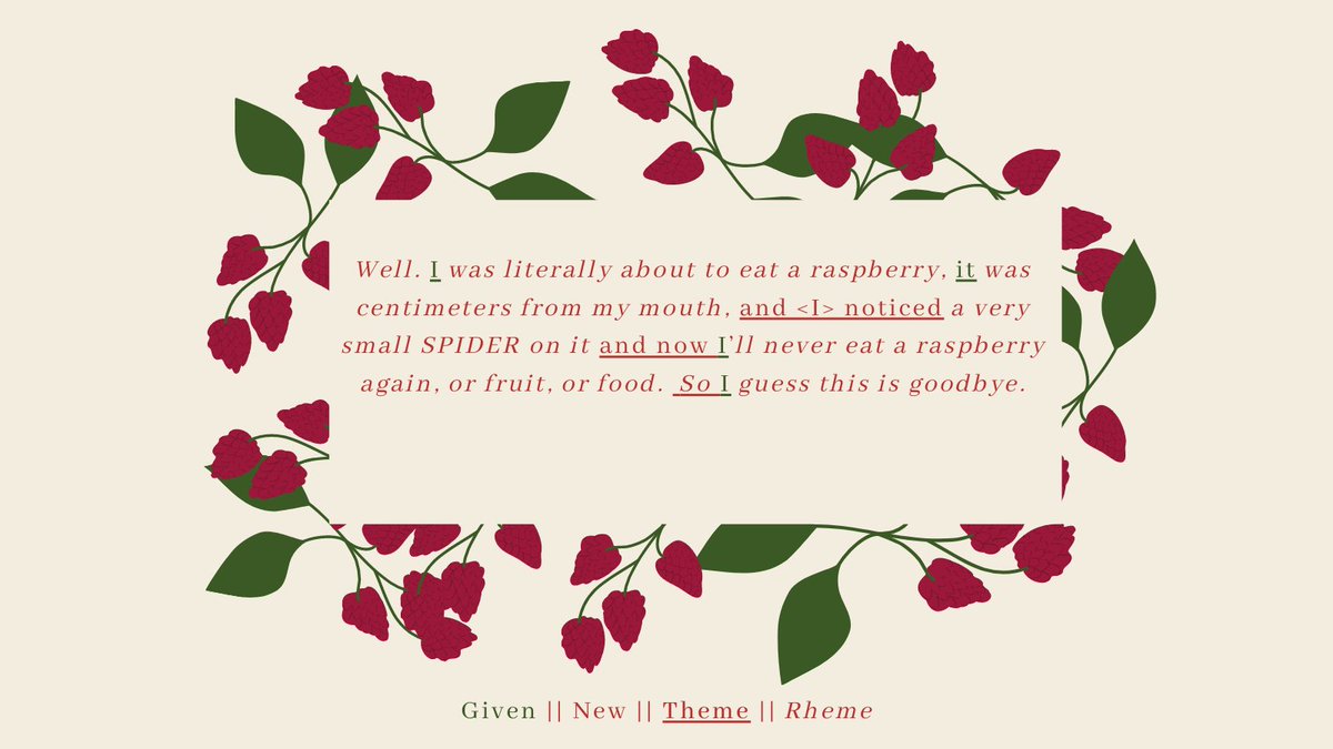 GrammarPills's tweet image. #TSIS Today we are analyzing #thematicstructure and #informationstructure in the following tweet. We have 3 #marked themes and 2 #unmarked themes. Additionally, we can observe 4 elements as given information while the rest of it is new.